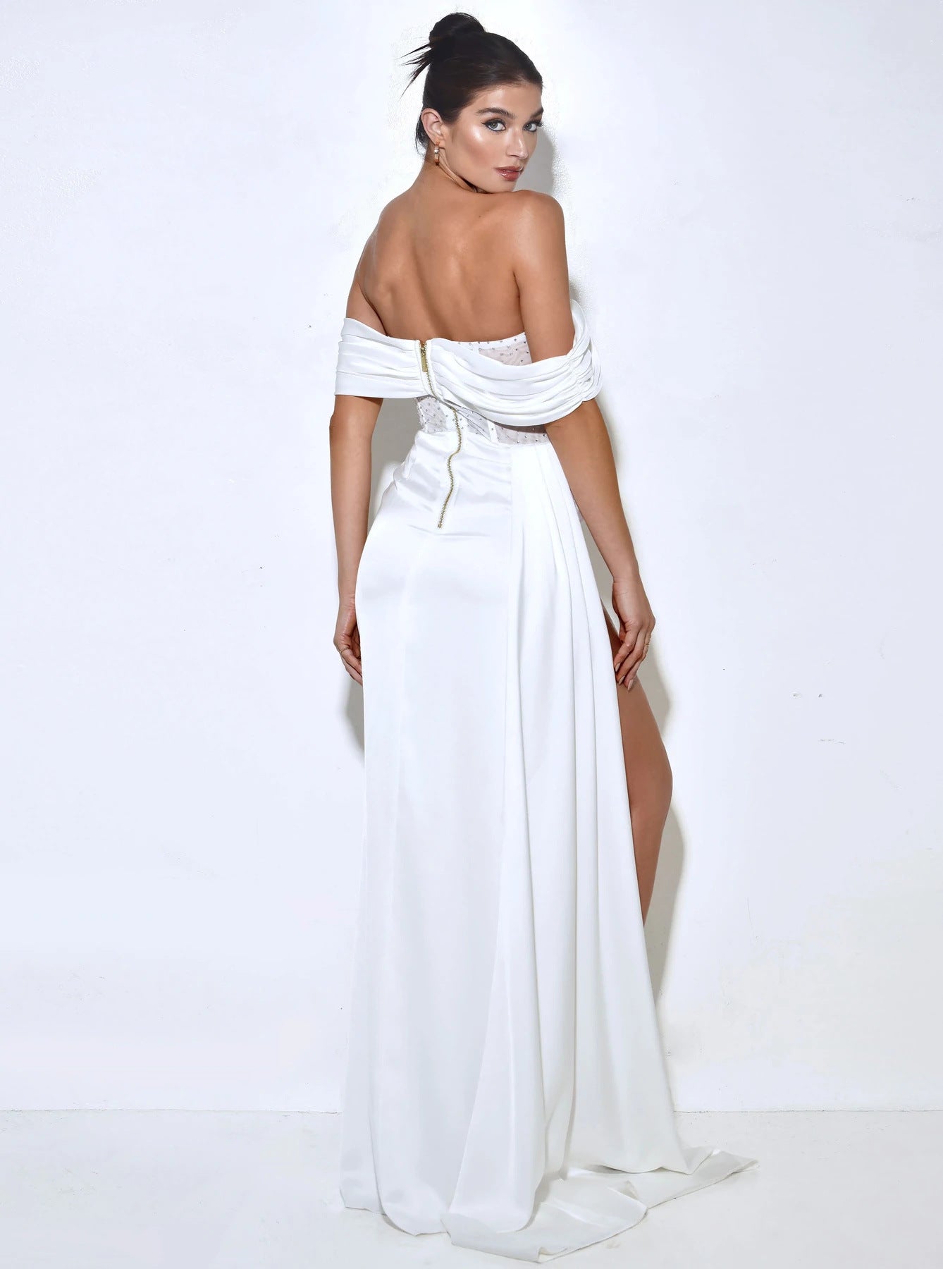 Off-shoulder Long Slit White Bandage Dress