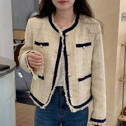 Temperament Round Neck Color Contrast Tassel Raw Edge Coat