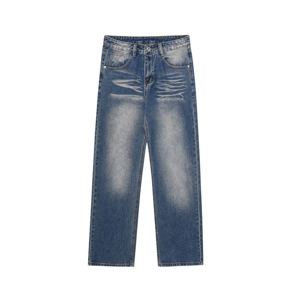 Washed White Pleated Straight Jeans For Men