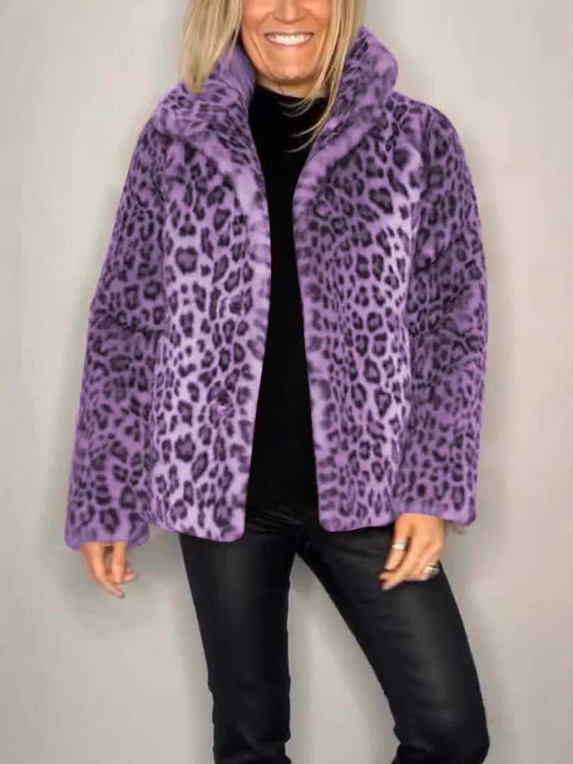 Winter New Women's Fashionable Leopard Print Lapel Faux Leather Woolen Top