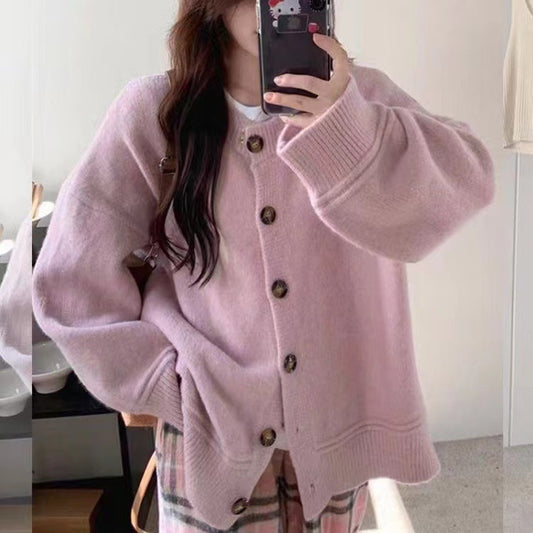 Japanese Lazy Style Round Neck Long Sleeve Sweater Coat Soft Glutinous Knitted Cardigan