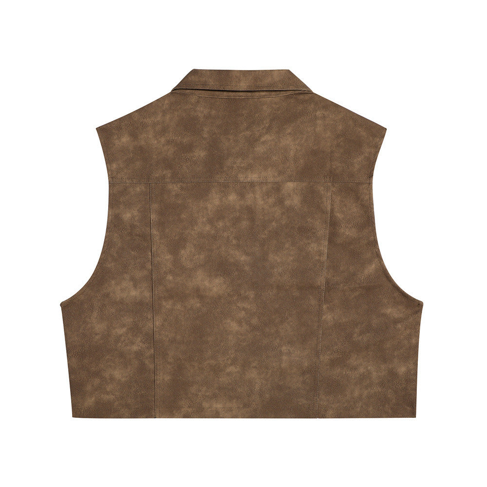 Retro Street Half-length PU Leather Vest Man Lapel Waistcoat Sleeveless Vest Short Coat