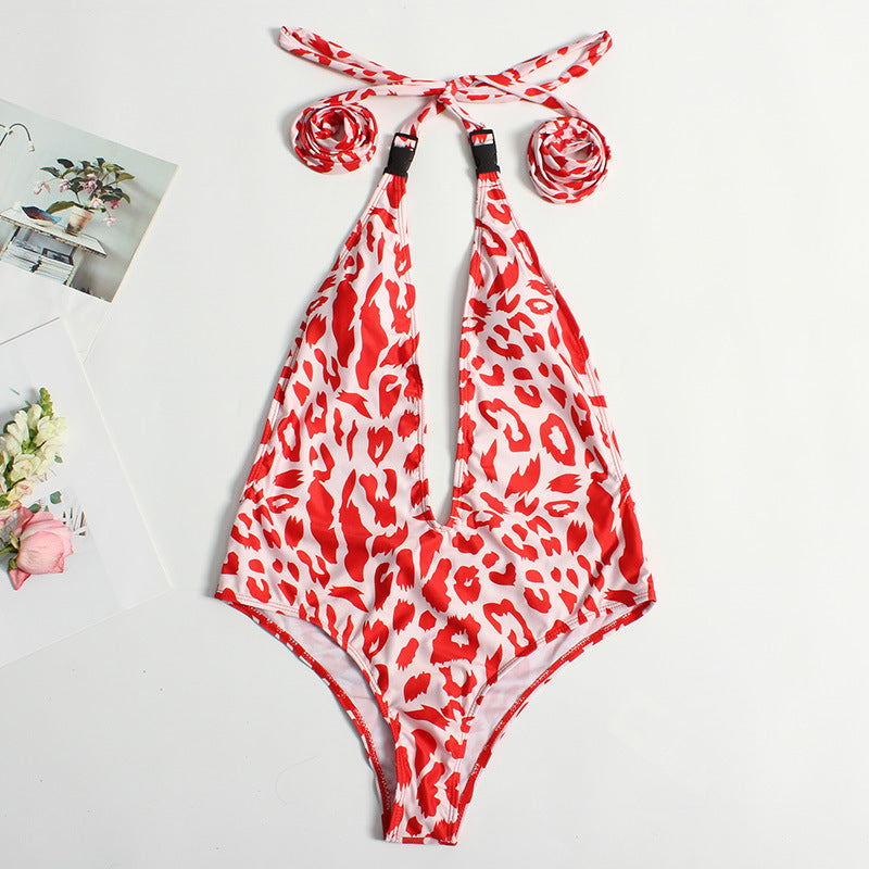 European And American New One-piece Leopard Buckle Bandage Swimsuit Women