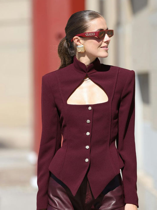 Burgundy Stand Collar Long Sleeve Top