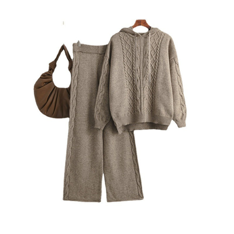 Female Drawstring Hooded Loose Sweater And Pants Set