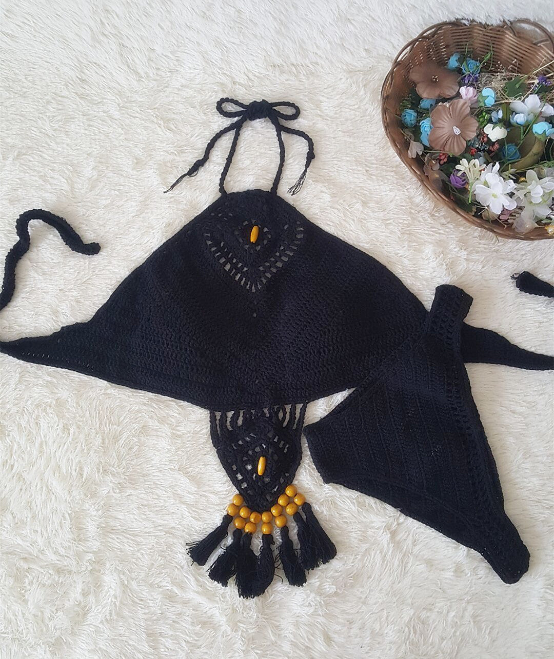 European And American New Women's Swimsuit Suit Beach Sunshine Bath Foreign Trade Handmade Crochet Tassel Split Bikini