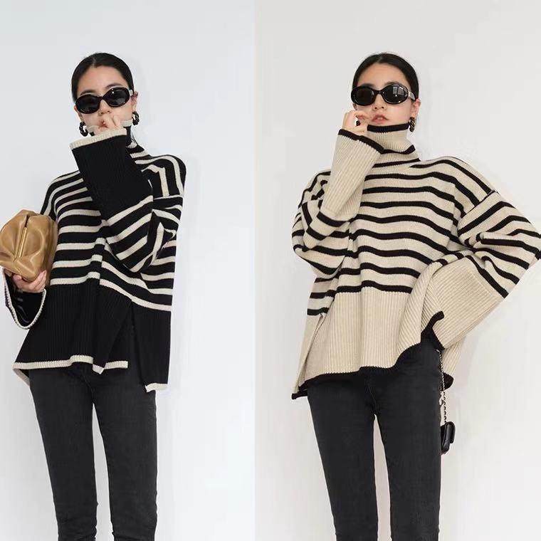 Mode gestreifte Rollkragenpullover Casual Lose Slit Design Pullover Winter Tops Frauenkleidung