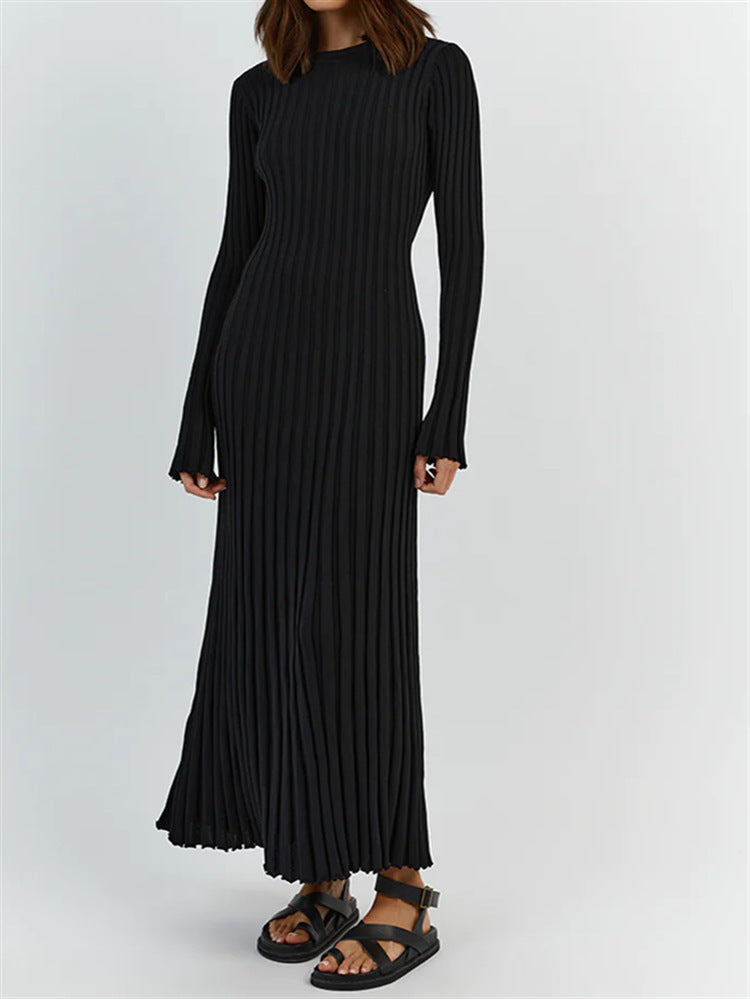 Long Sleeve Round Neck Tight Knitted Sunken Stripe Solid Color Dress