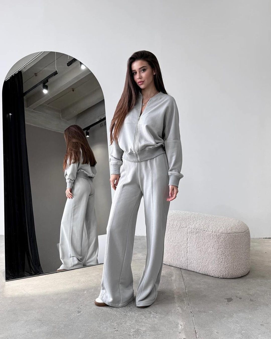 Spring Fashion Solid Color Zipper Cardigan Straight-leg Pants Women's Suit