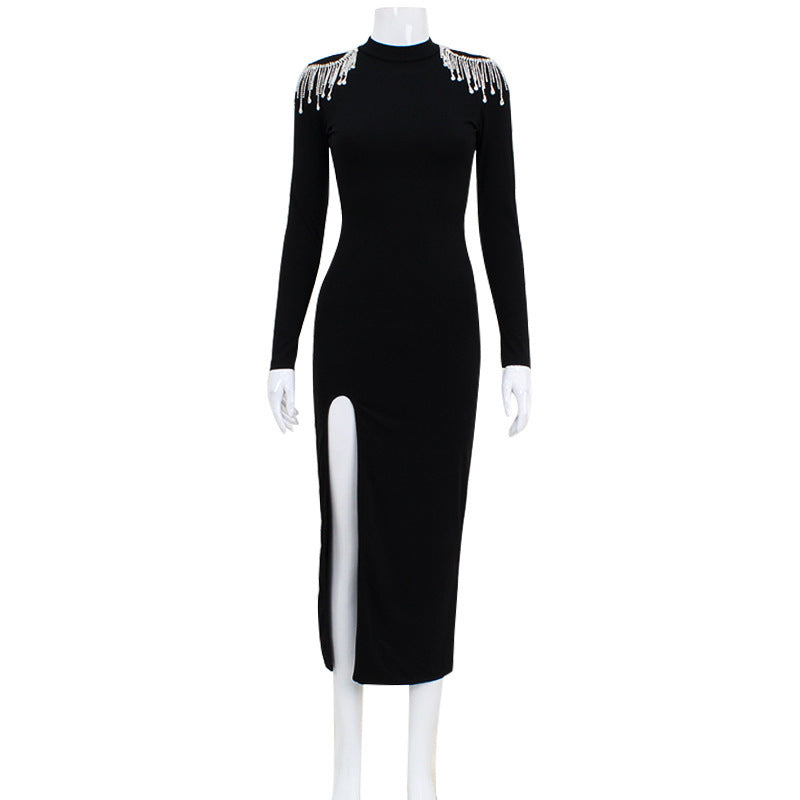 Women's Half-high Collar Long Sleeves Solid Color High Waist Rhinestone High Slit Dress