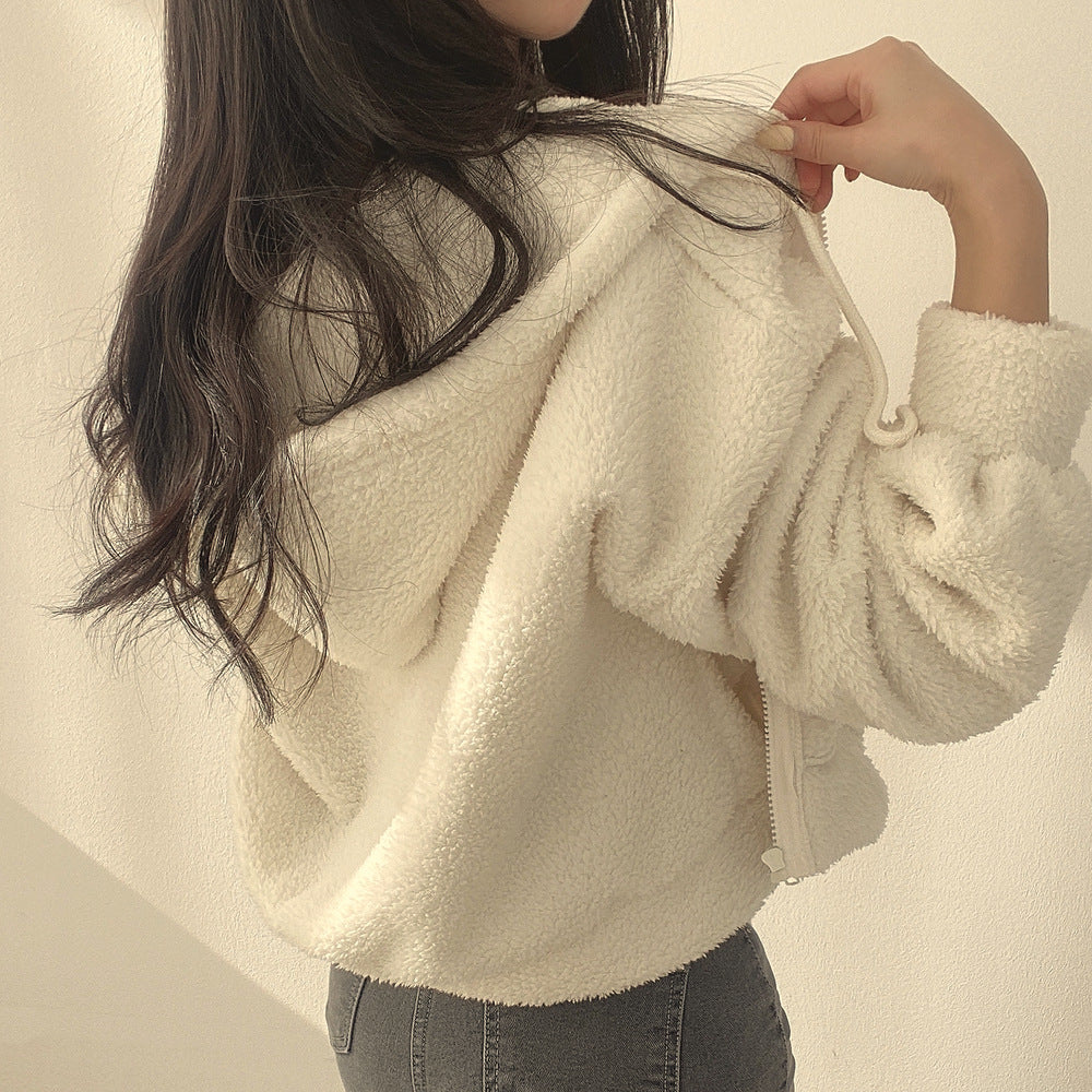 Lamb Wool White Hooded Sweater For Women