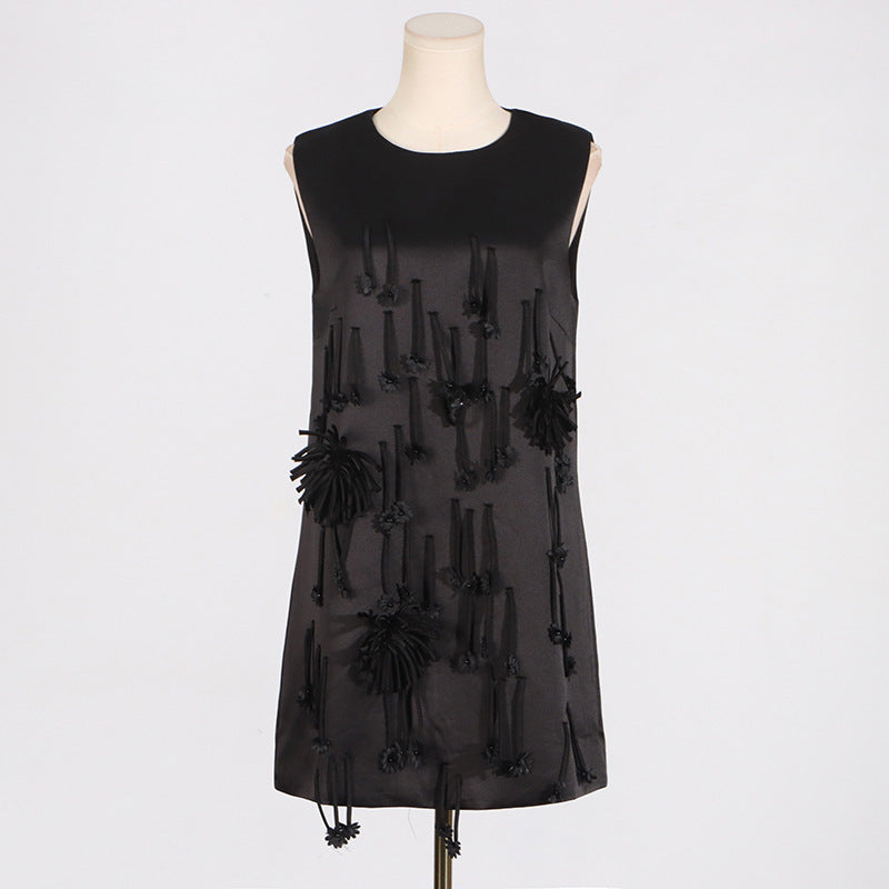 Round Neck Stitching Tassel Flower Design Sleeveless Dress