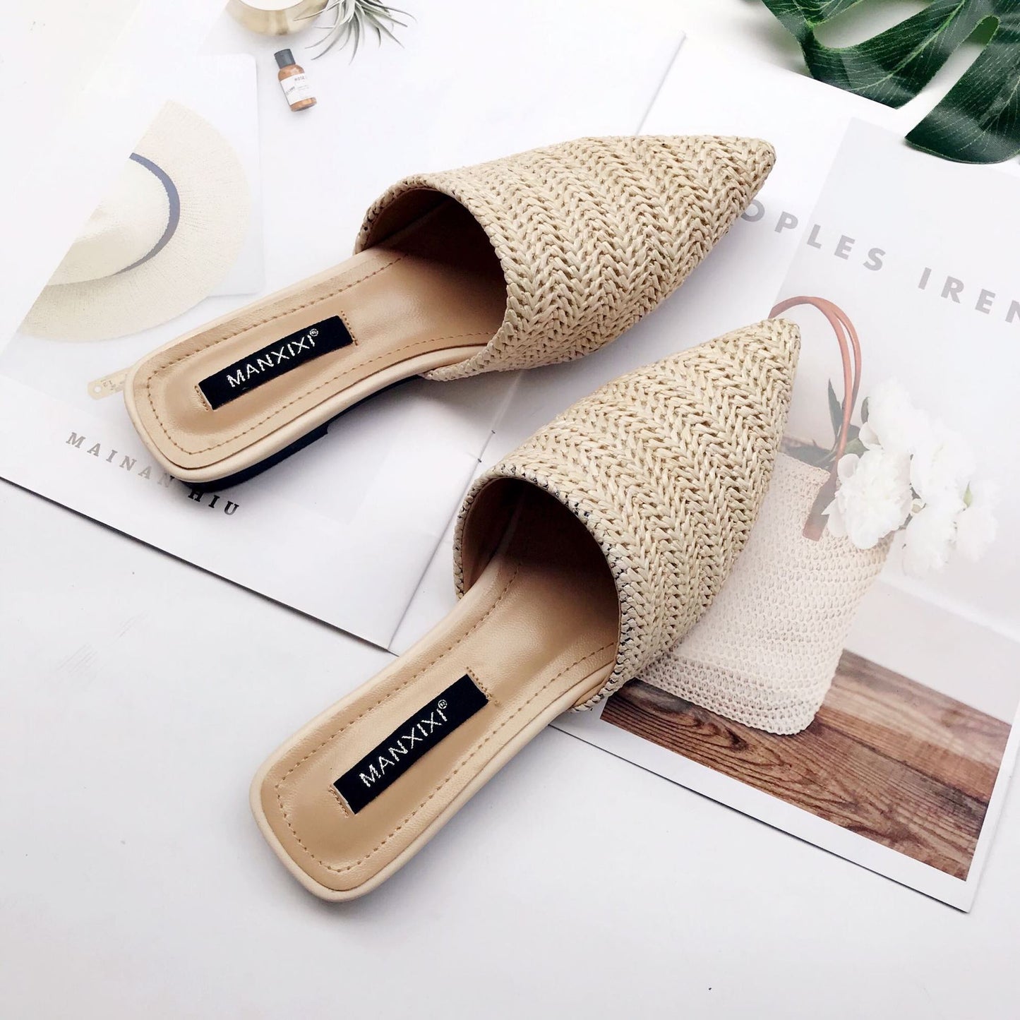 Pointed braided breathable flat half slippers