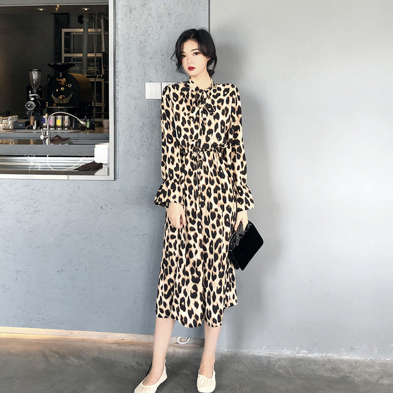 Leopard Print V-neck Long Sleeve Flared Sleeve Flowy Dress