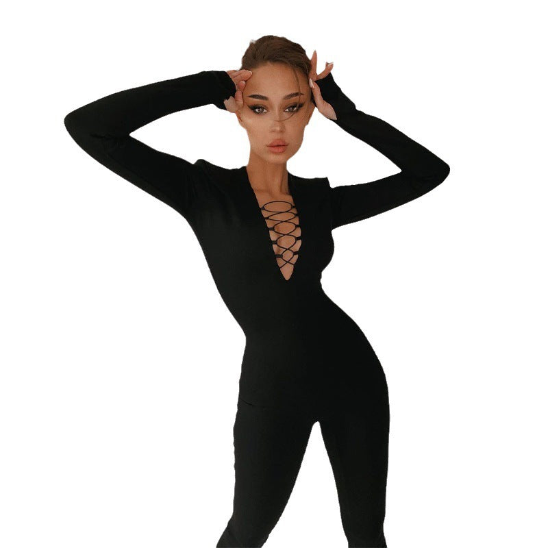 Hollow-out Cross Strap Women's Long Sleeve Jumpsuit