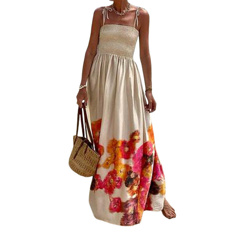 Fashion Print Vacation Backless Sling Mid-length Dress