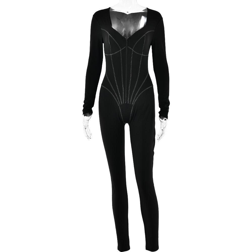 Sexy Tight Zipper Jumpsuit Autumn New