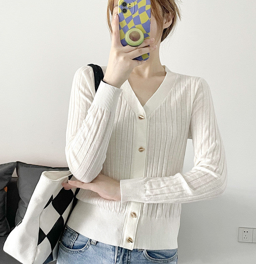 V-neck Pit Strip Slim-fit Sweater Coat Women Spring And Autumn Long Sleeves