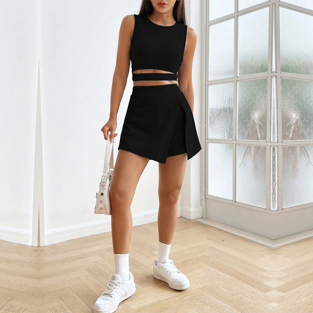 European And American Cropped Bare Midriff Slim Fit Sleeveless Knitted Vest High Waist Stretch Culottes