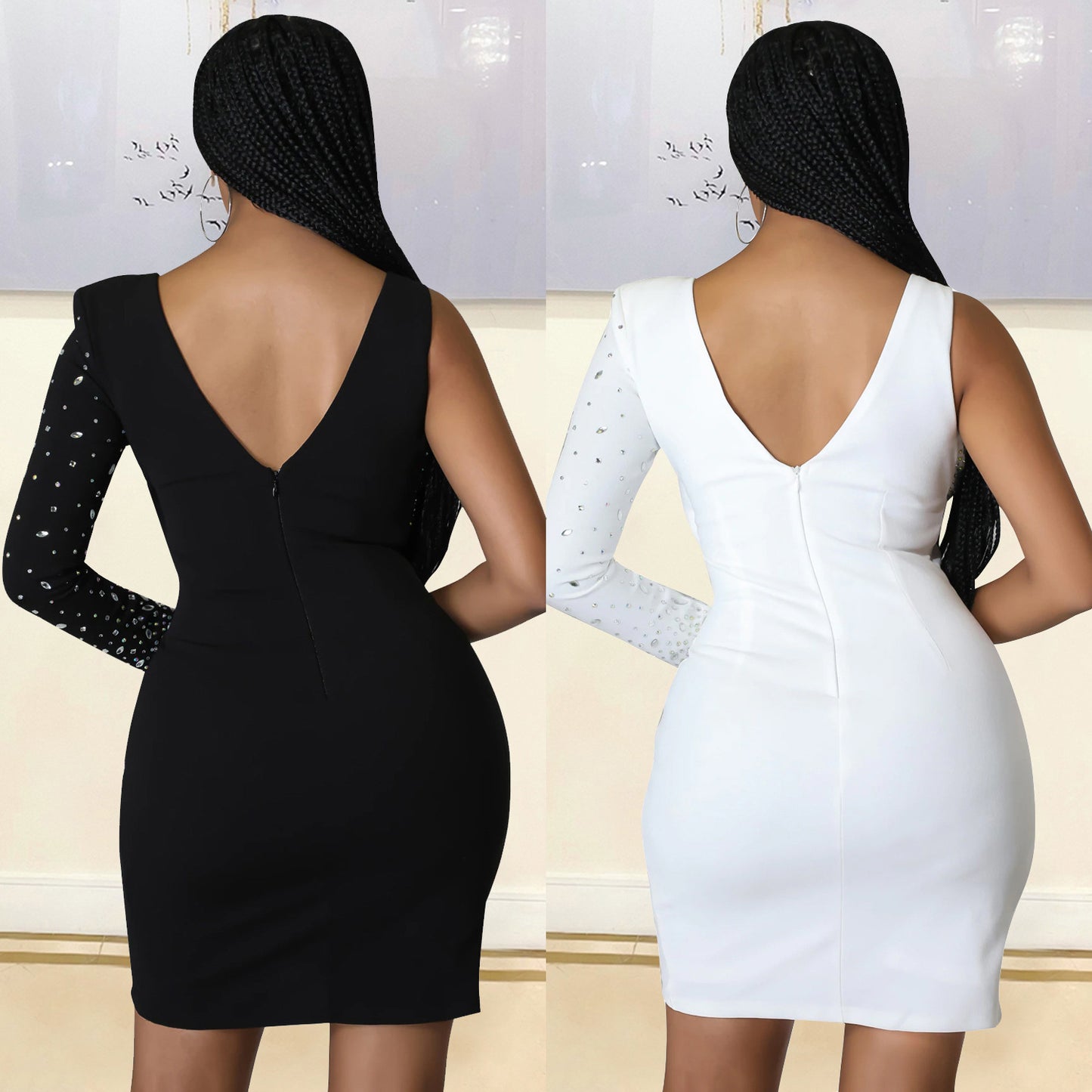 Women's Fashion Tight Rhinestone One-shoulder Dress