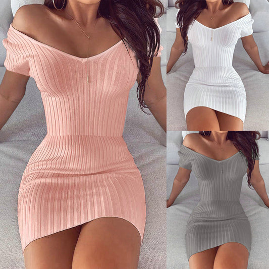 V-neck solid color slim dress