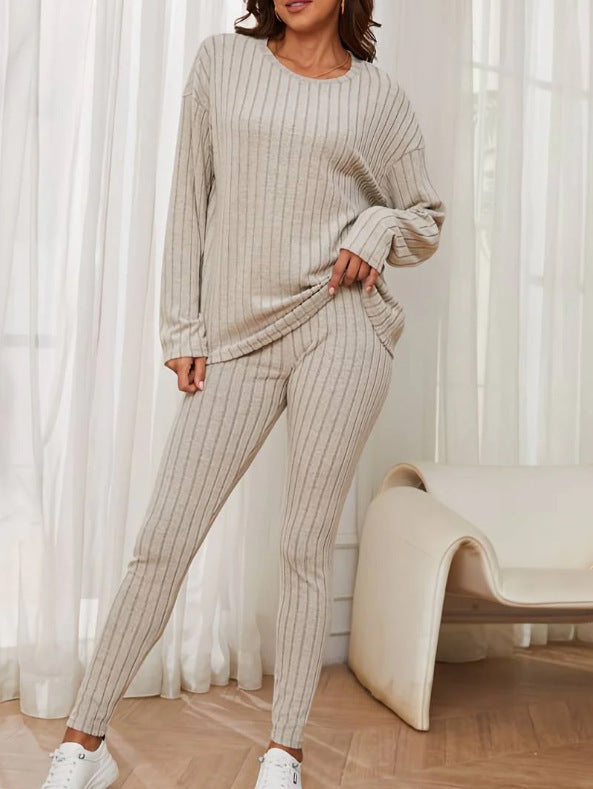 Fashion Casual Loose Round Neck Sunken Stripe Knitting Suit