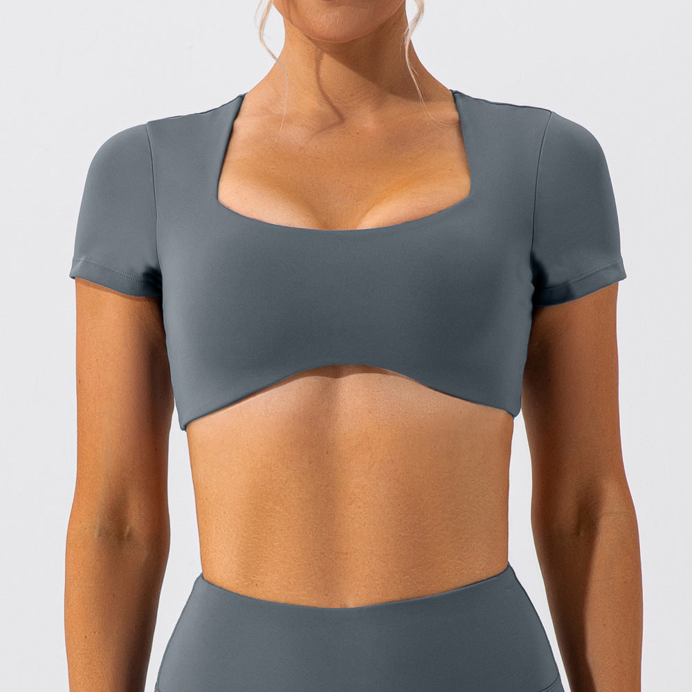 Running Sports Top da donna, asciugatura rapida, colore nudo, a maniche corte, maglietta fitness