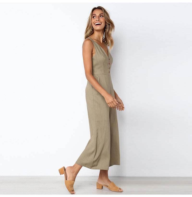 Dacron V-neck Button Backless Jumpsuit