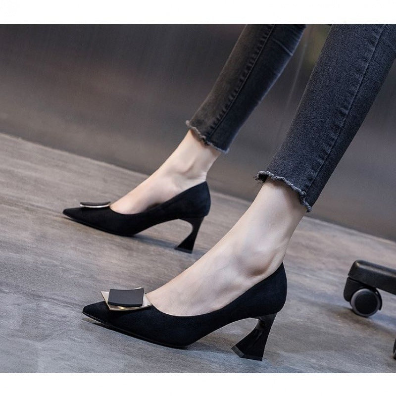 Nude Thick Heel Mid-heel Work Versatile Pointed French Temperament Women's High Heels