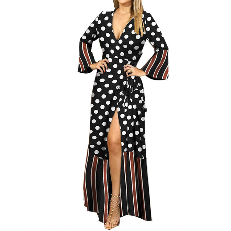 Long Sleeve Tie V-Neck Printed Dress