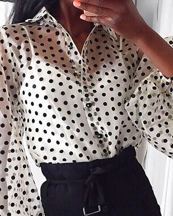 Polka dot mesh yarn bubble sleeve lapel long sleeve shirt