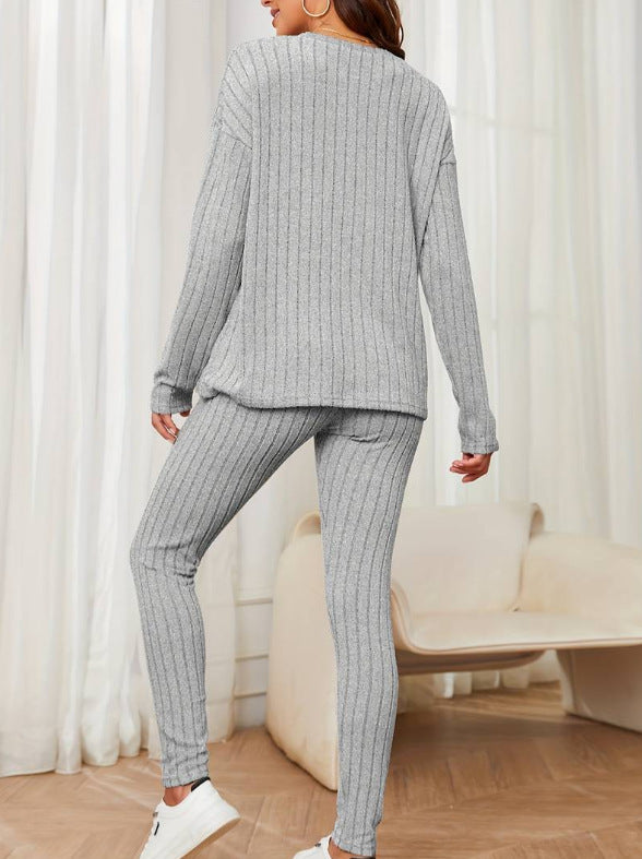 Fashion Casual Loose Round Neck Sunken Stripe Knitting Suit