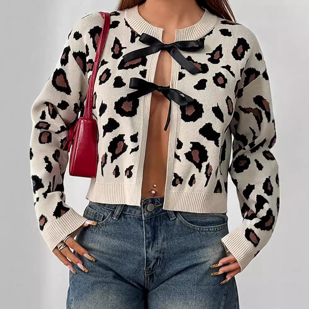 Dot Print Cardigan Bow Lace-up Sweater