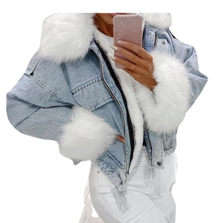 Washed White Short Denim Fur Integrated Jacket