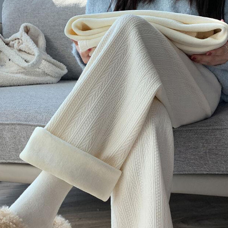 Autumn-winter Fleece Wide-leg Pants Women's Fleece Thickened Draping High Waist