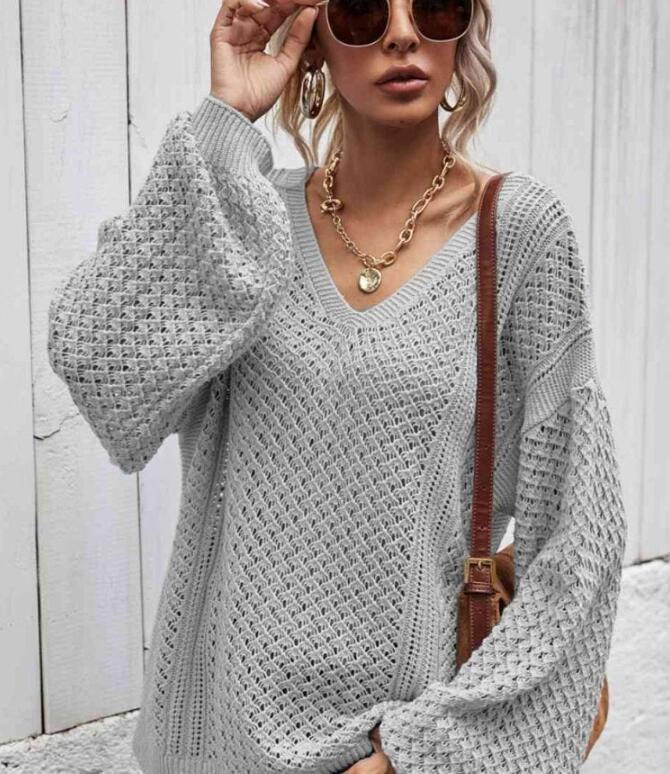 Sexy V-neck hollow loose knit sweater women