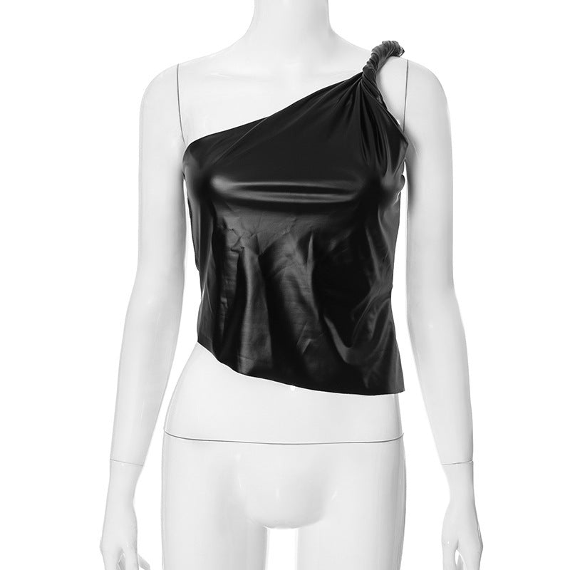 Leather One-shoulder Waist Slant Sleeveless Top