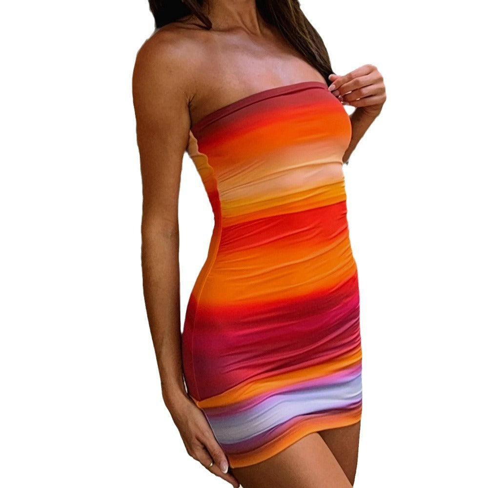 Rainbow Printing Sexy Tube Top Pleated Waist Tight Hip Bag Dress