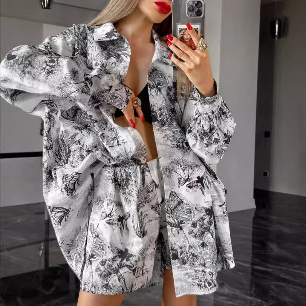 Fashion Loose Ink Printing Shirt Shorts Suit Women