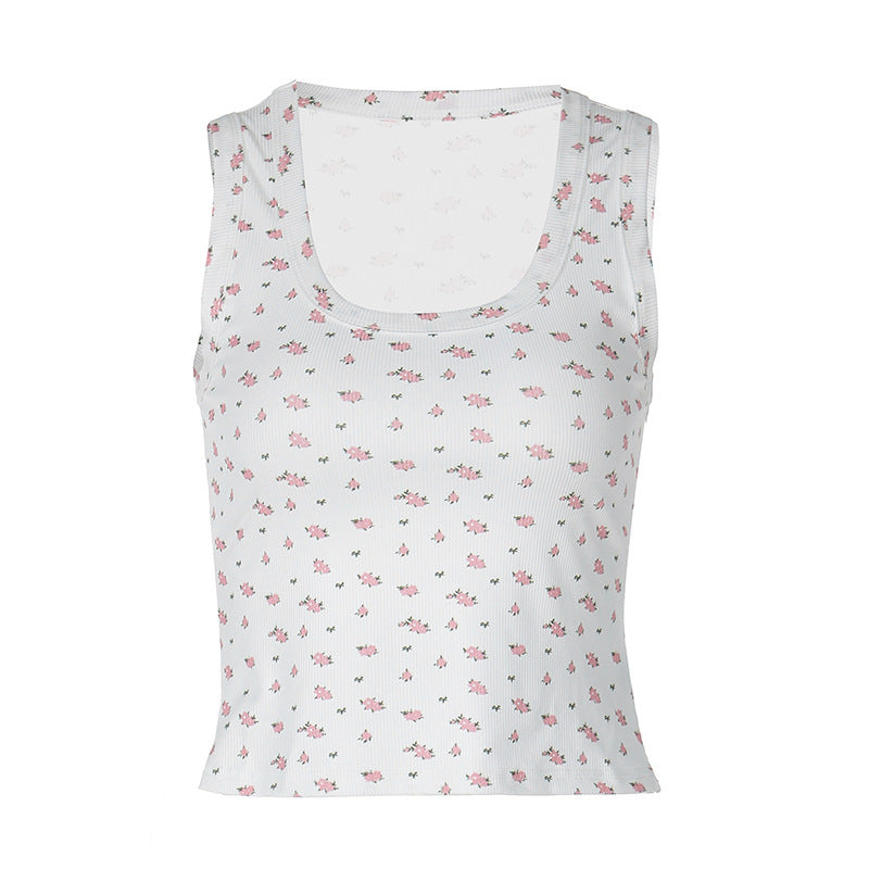 European And American U-neck Sleeveless T-shirt Fashion Floral Slim-fitting Vest