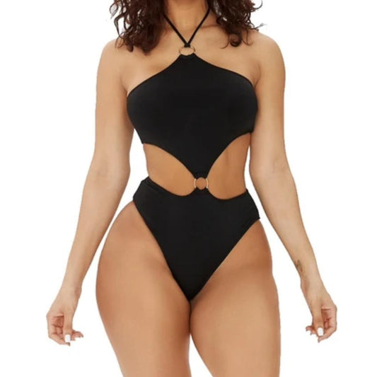 Amazon Solid Color Belt Loop Tie One Piece Swimsuit Women