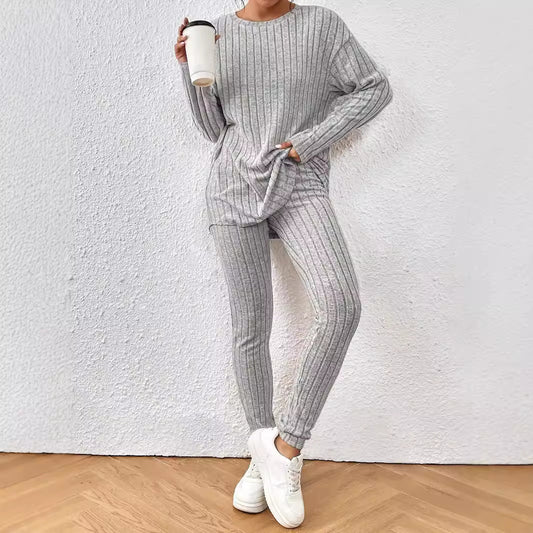 Fashion Casual Loose Round Neck Sunken Stripe Knitting Suit