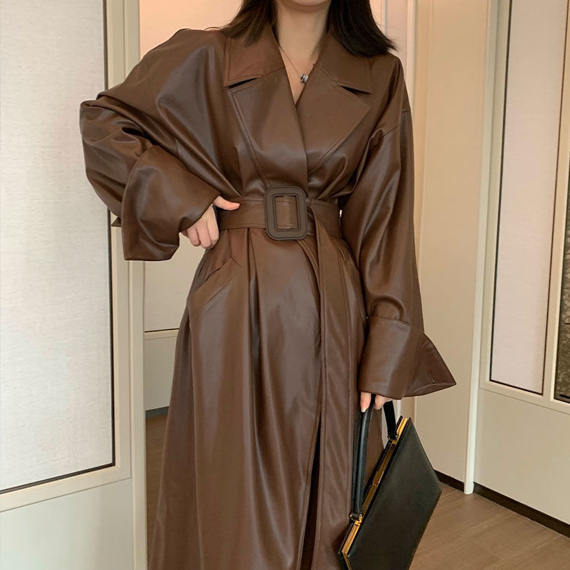 Women Large Lapel Waist Belted Jacket