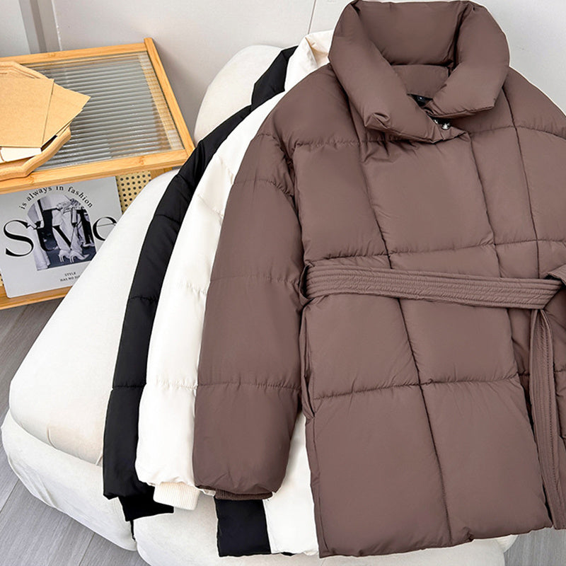 Warm Lapel Plaid Coat With Belt Design Fashion Casual Thick Jacket Fall And Winter Women's Clothing