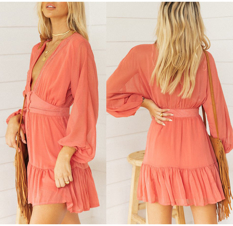 Chiffon V-neck lantern sleeve long-sleeved dress