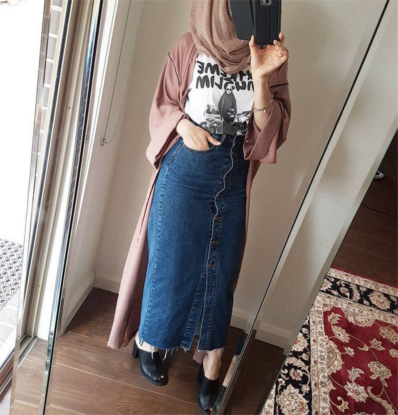 Long button denim bag hip skirt bag hip skirt