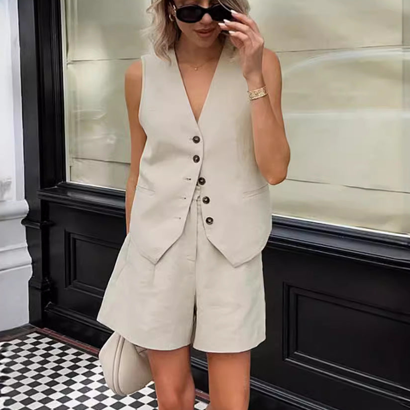 V-neck Vest High Waist Wide Leg Pants Suit Fashion