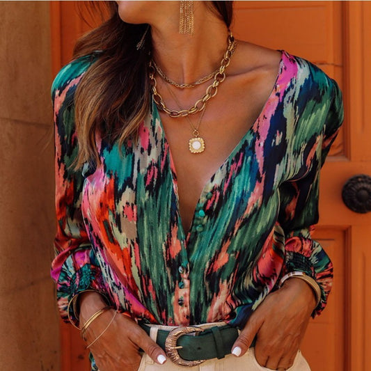 Watercolor Printing V-neck Shirt Women