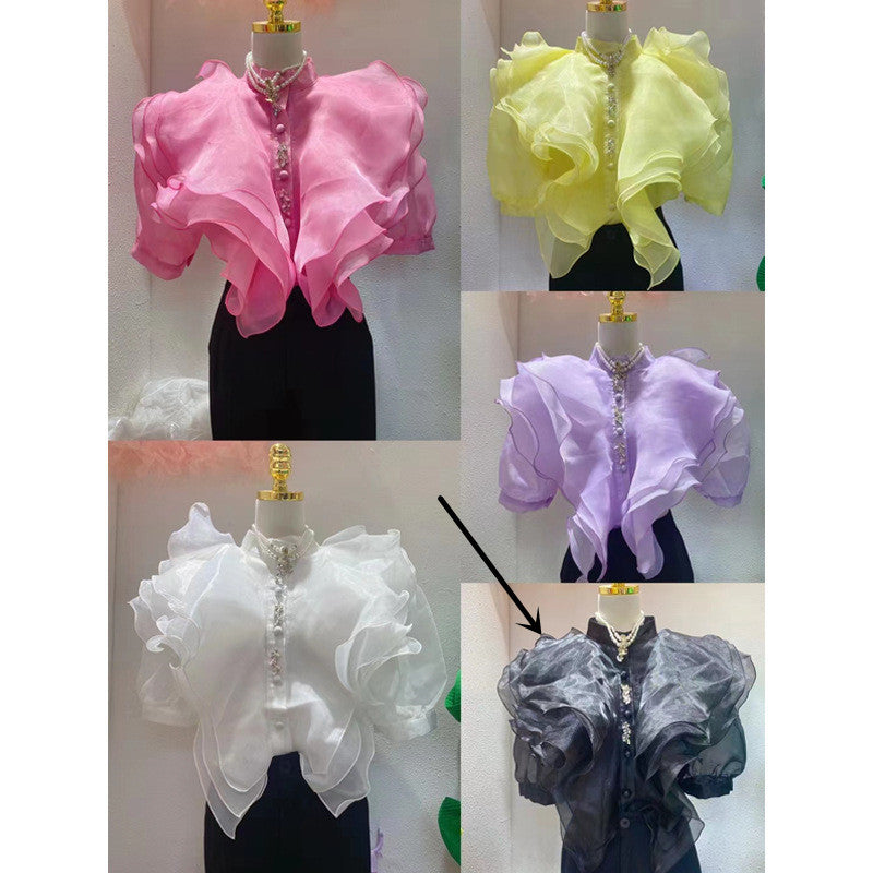 Ruffled Organza Shirt Women Puff Sleeve