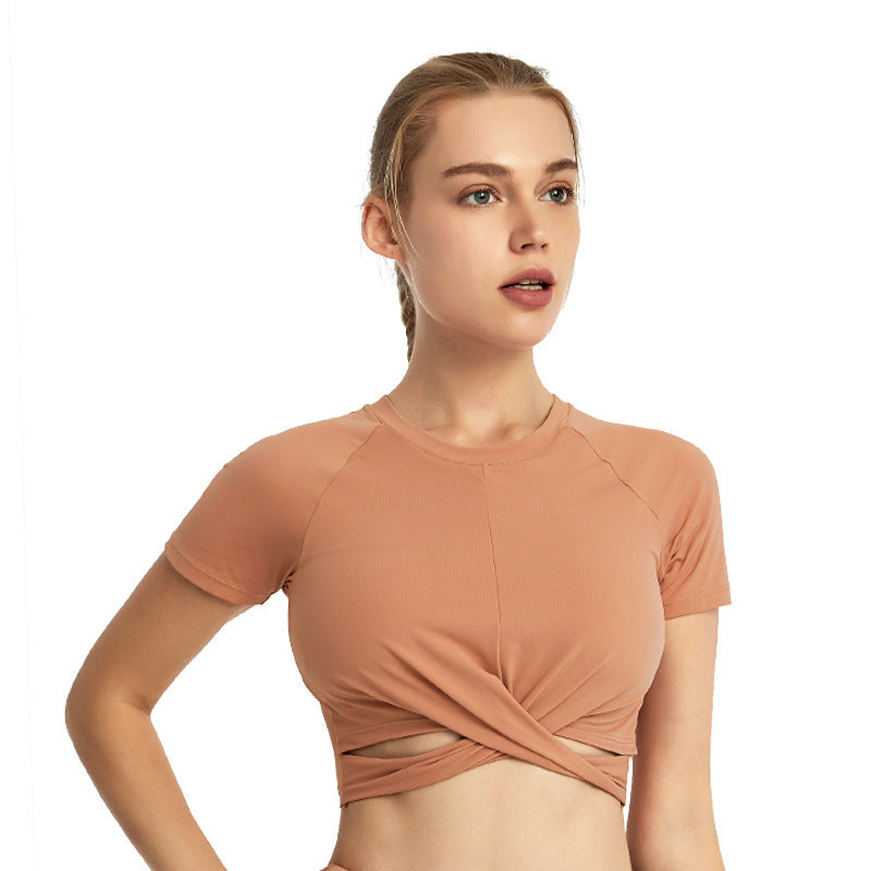 Nude Short Sleeve Bare Navel Workout Yoga Suit